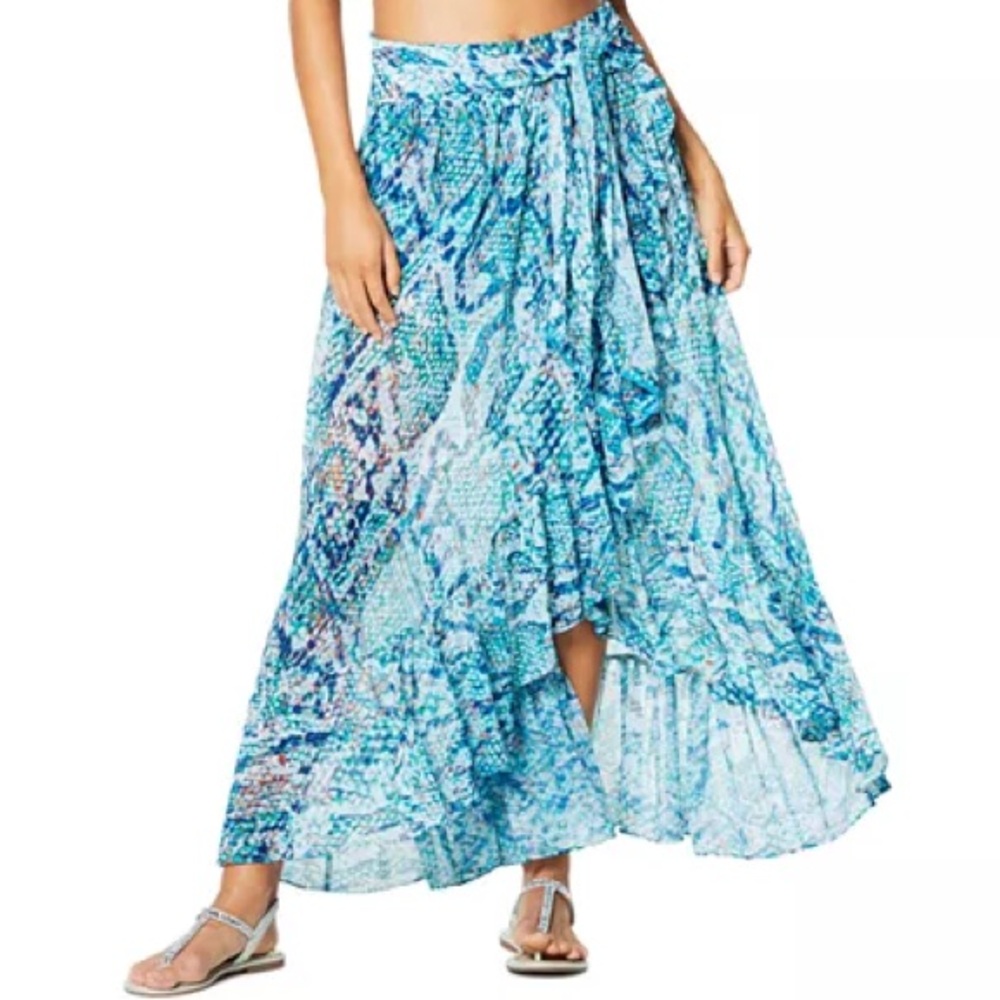 Ramy Brook Blue Multi Snake Print Faux Wrap Ruffle Swim Cover Up Maxi Skirt S